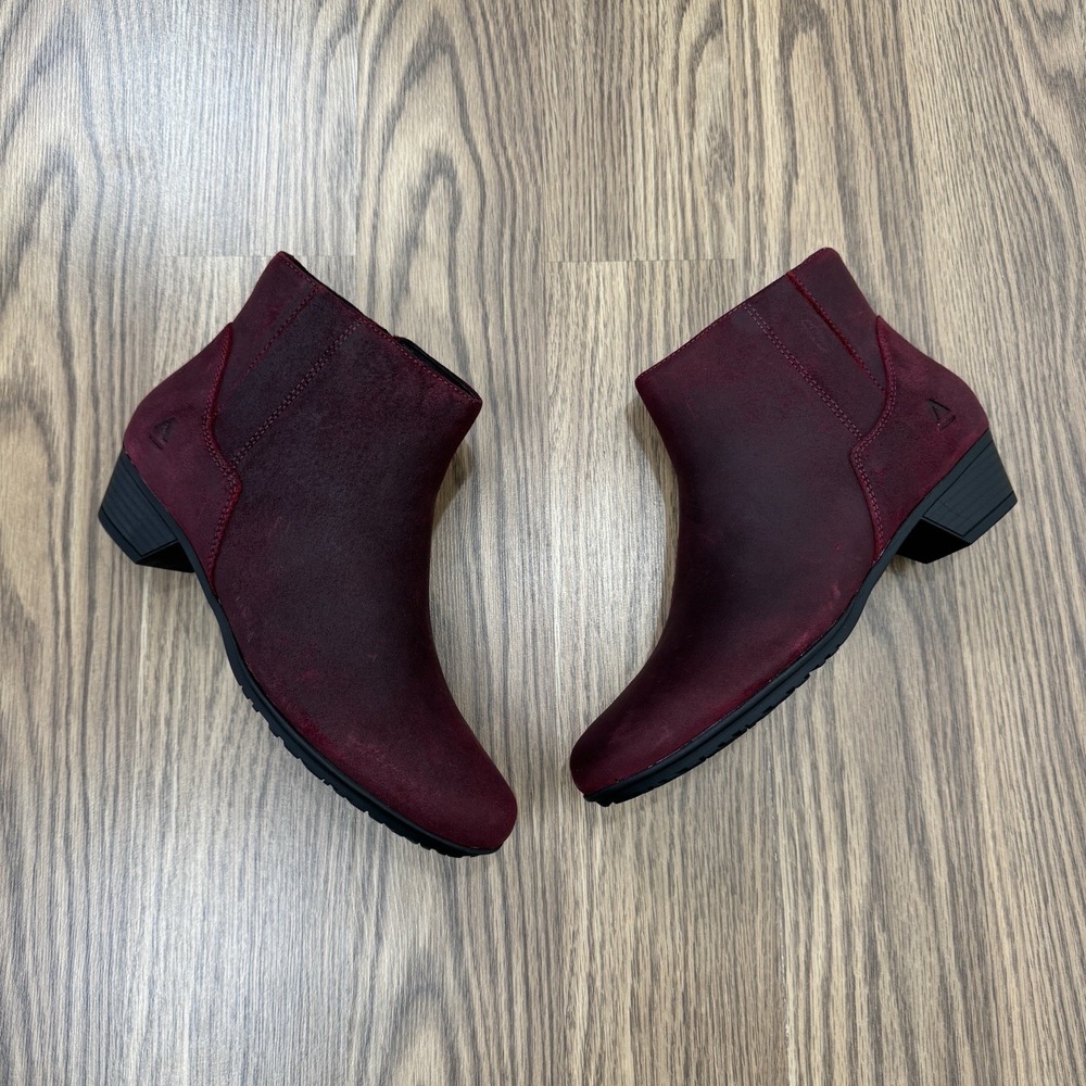 Abeo Ankle Boots Womens 8.5 Burgundy Leather Comfort Bootie Round Toe Holiday - Picture 2 of 16